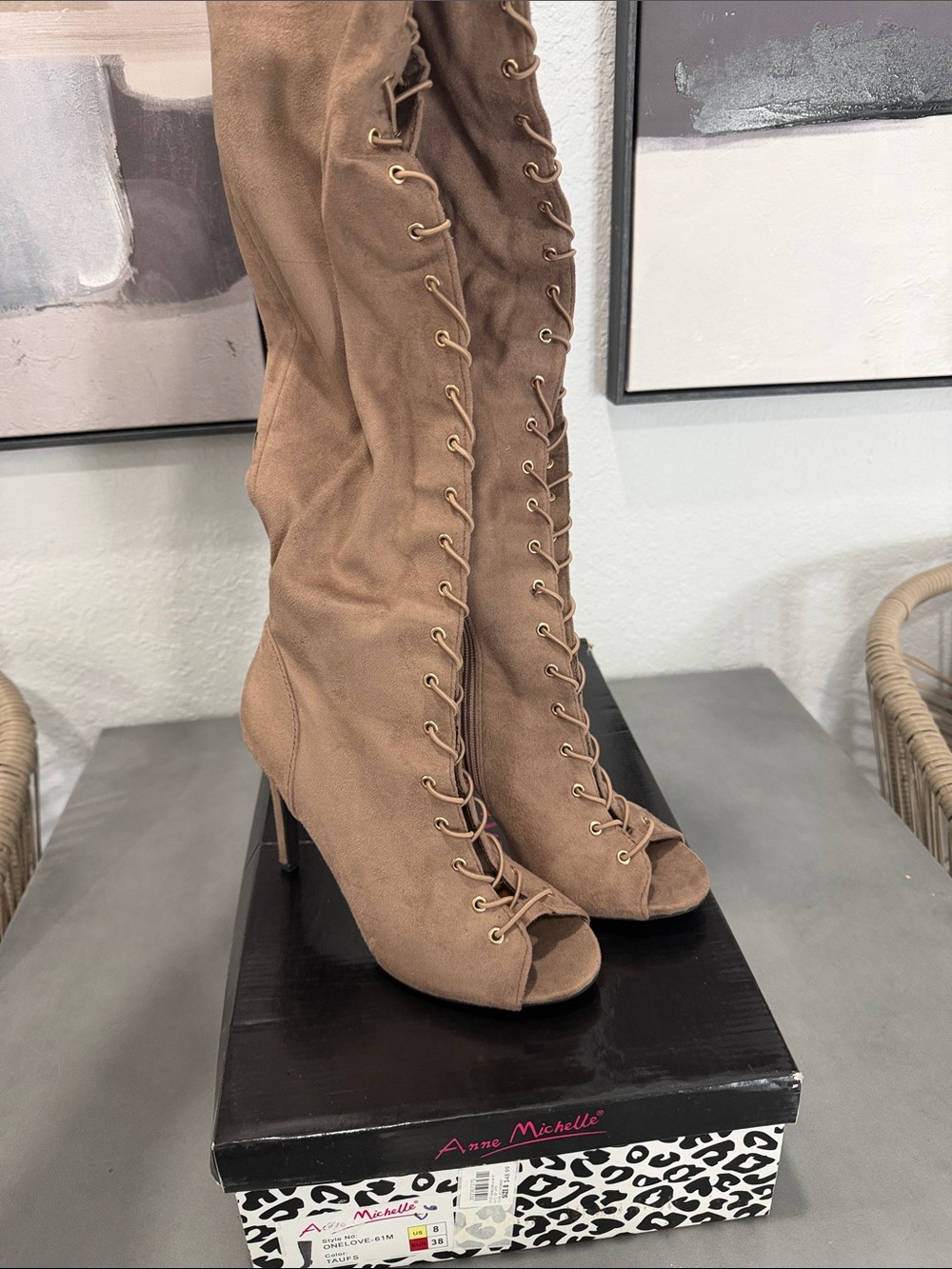 Anne Michelle Tan Lace-Up Peep Toe Over-the-Knee Boots